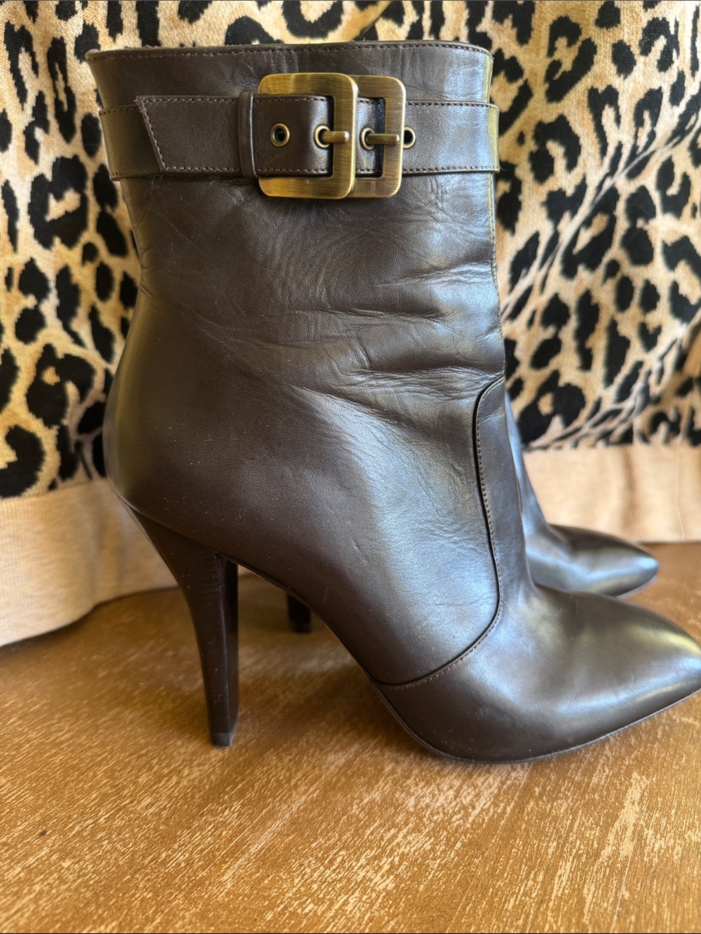 Via Spiga Dark Brown Leather Pointed-Toe Ankle Boots with Buckle